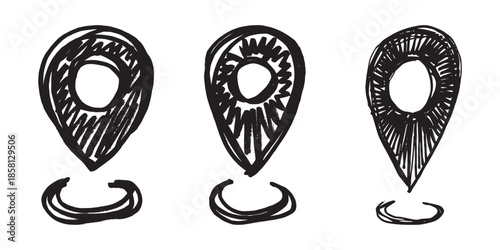 Set of hand drawn map pin Map marker pointer sign GPS and mapping tools Location pin symbol Pinpoint clipart in doodle style Single element for web, design