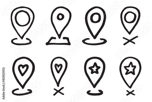 Set of hand drawn map pin Map marker pointer sign GPS and mapping tools Location pin symbol Pinpoint clipart in doodle style Single element for web, design