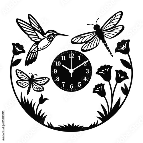 Hummingbird And Butterfly Black Silhouette Clock Laser Cut Ready