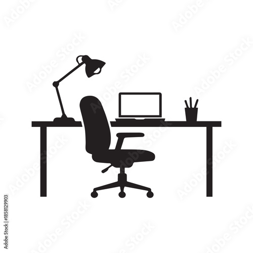 Office workspace silhouette vector illustration featuring a modern desk, laptop computer, swivel chair, and lamp isolated on white background.

