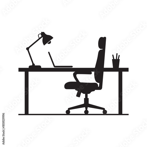 Office workspace silhouette vector illustration featuring a modern desk, laptop computer, swivel chair, and lamp isolated on white background.
