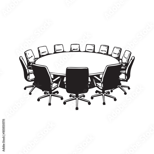 Round conference table and chairs vector sketch illustration. Black and white drawing of an empty boardroom meeting setup with office furniture isolated on white background.
