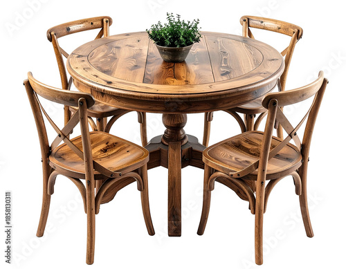 Rustic wooden dining set with cross-back chairs and plant