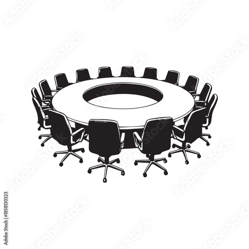 Round conference table and chairs vector sketch illustration. Black and white drawing of an empty boardroom meeting setup with office furniture isolated on white background.
