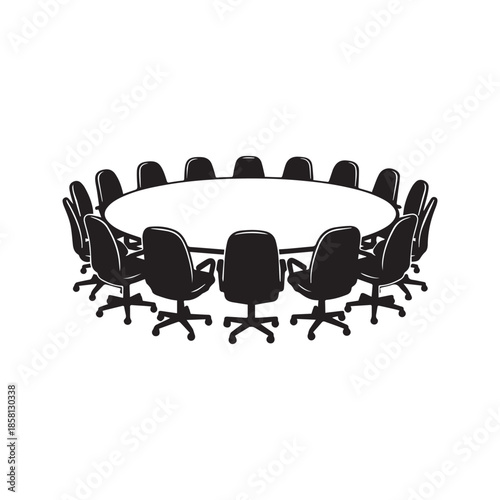 Round conference table and chairs vector sketch illustration. Black and white drawing of an empty boardroom meeting setup with office furniture isolated on white background.
