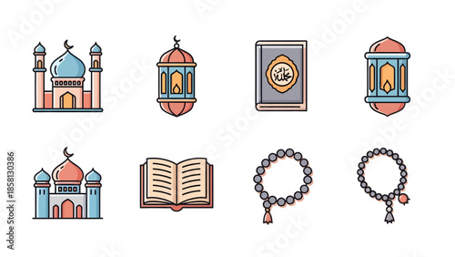 Premium Islamic Icon Collection for Ramadan and Eid - Modern Illustration Set of Mosque, Quran, Arabic Lantern, Prayer Beads, and Praying Hands