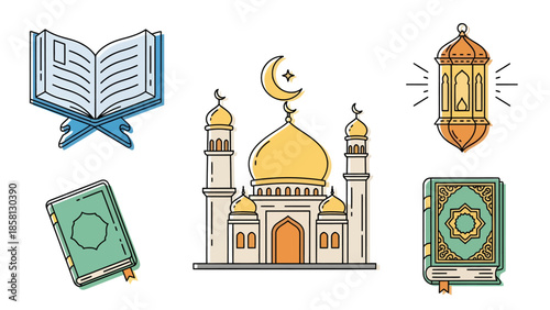 Islamic elements icon set in flat line art style with mosque, holy quran book, ramadan lantern, and eid mubarak religious symbols