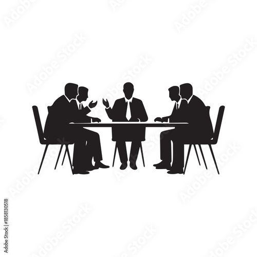 Business meeting silhouette vector illustration of a corporate team sitting around a conference table discussing strategy. Group of professionals in an office boardroom isolated on white background.
