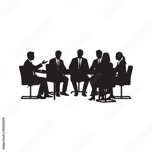 Business meeting silhouette vector illustration of a corporate team sitting around a conference table discussing strategy. Group of professionals in an office boardroom isolated on white background.
