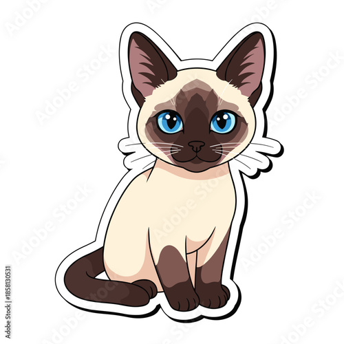 Cute Siamese Cat Sticker with Blue Eyes and White Outline.