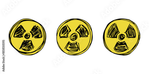 Set of hand drawn radiation sign Nuclear radiation hazard symbol Radioactive danger warning doodle Radioactive waste Single element for print, web, design, decor