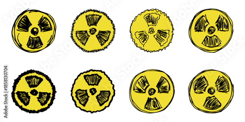 Set of hand drawn radiation sign Nuclear radiation hazard symbol Radioactive danger warning doodle Radioactive waste Single element for print, web, design, decor