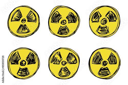 Set of hand drawn radiation sign Nuclear radiation hazard symbol Radioactive danger warning doodle Radioactive waste Single element for print, web, design, decor