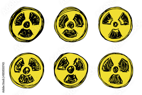 Set of hand drawn radiation sign Nuclear radiation hazard symbol Radioactive danger warning doodle Radioactive waste Single element for print, web, design, decor