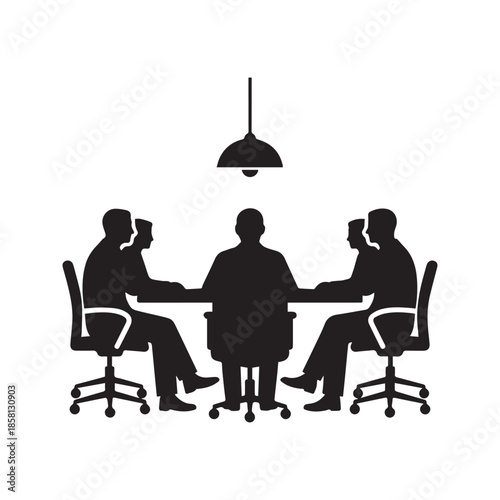 Business meeting silhouette vector illustration of a corporate team sitting at a conference table under a lamp. Group of people in a boardroom discussion isolated on white background.
