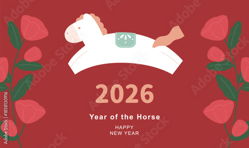 2026 Chinese new year illustration template with horse and flowers.