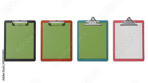 Four Colorful 3D Clipboards with Blank Papers