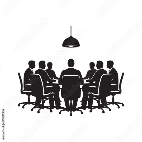Business meeting silhouette vector illustration of a corporate team sitting at a conference table under a lamp. Group of people in a boardroom discussion isolated on white background.
