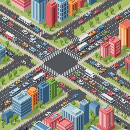 City Intersection with Buildings and Traffic.