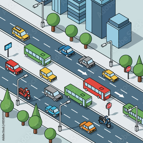 Isometric City Street with Vehicles and Trees.