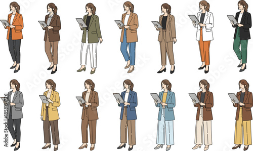 Businesswoman character set reading tablet, office fashion outfits collection, professional female worker poses, flat vector illustration, isolated on white background
