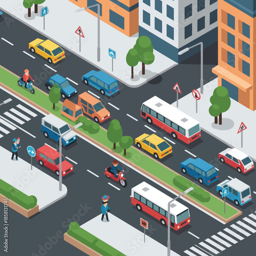 City Street with Vehicles and Pedestrians.