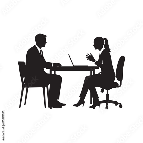 Business meeting silhouette vector illustration featuring a man and woman sitting at a desk with a laptop. Two professionals discussing work or conducting a job interview isolated on white background.
