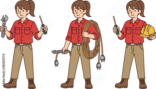 Female electrician holding tools illustration, professional woman technician character set, electrical worker concept, isolated flat vector design, cartoon, modern, clean