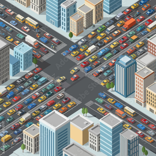 Busy City Streets with Cars and Buildings.