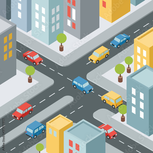 Isometric City Street with Cars and Buildings.