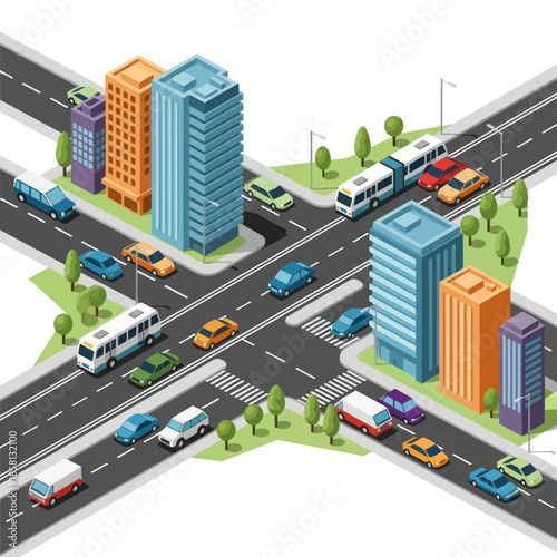 Isometric Cityscape with Buildings and Traffic.