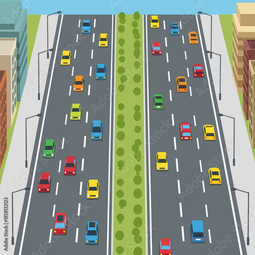 Multilane Highway with Cars and Trucks.
