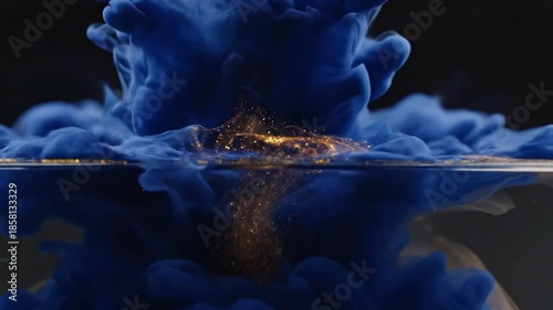Blue ink cloud mixing with gold glitter particles in water on a black background