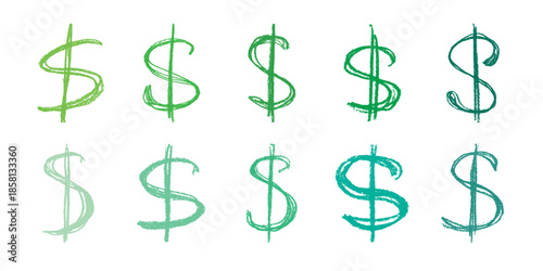 Set of hand drawn dollar currency symbol. Brush stroke doodle. Single element for design