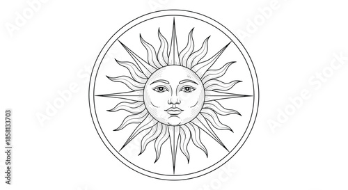 Detailed black and white line art drawing of a sun with a serene human face, enclosed within a circle, suitable for a tattoo or mystical design.