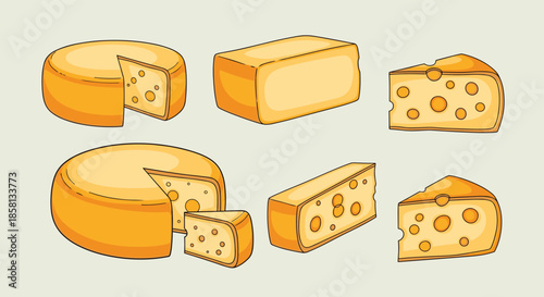Assortment of different cheese varieties including whole wheels, wedges, and blocks with realistic hole textures.