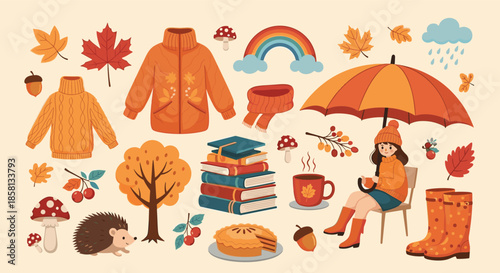 Extensive collage of autumn icons featuring a girl under an umbrella, cozy clothes, forest animals, and fall leaves.
