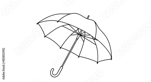 Classic open umbrella line art illustration shown from a high angle perspective against a minimalist plain white background.