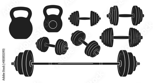 Diverse collection of black silhouettes of gym equipment including kettlebells dumbbells and a barbell for fitness themed graphics.