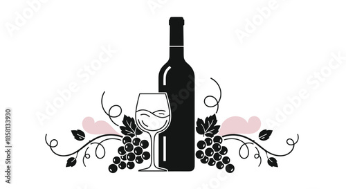 Elegant black silhouette of a wine bottle and glass framed by decorative grape vines and soft pink abstract shapes on white background.