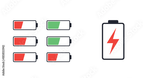 Set of battery level indicator icons showing low medium high and charging states with a large red lightning bolt symbol on one.