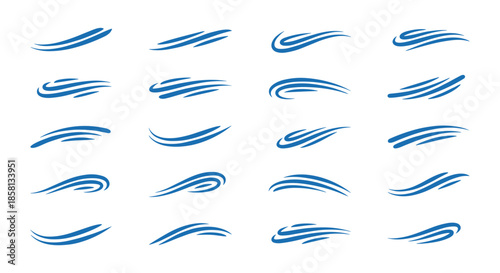 Collection of twenty blue abstract water splash or wind gust swooshes in a painterly style isolated on a plain white background.