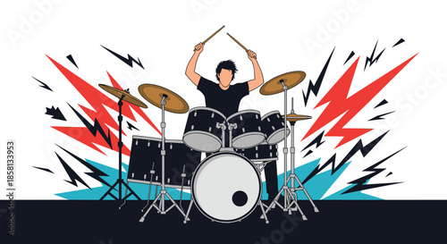 Energetic illustration of a male drummer playing a full drum set with explosive abstract lightning bolt shapes in the background.