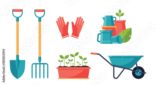 Assorted colorful gardening equipment including a shovel pitchfork gloves wheelbarrow and plants shown on a clean white background.
