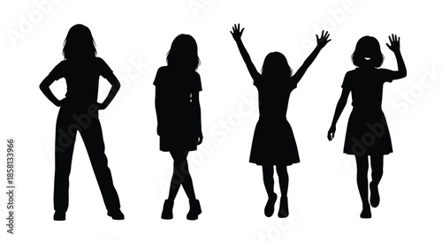 Black silhouettes of four young girls posing and waving in various active stances against a stark white background for graphic design use.