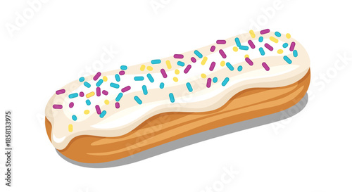 Long eclair pastry covered with smooth white vanilla frosting and decorated with vibrant colorful sugar sprinkles on a white backdrop.