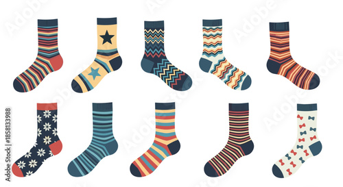 Diverse collection of ten colorful socks featuring various patterns such as stripes, stars, zigzags, and bows arranged in two neat rows.