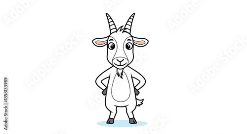 Simple and cute cartoon illustration of a white goat standing with its hands on its hips, looking confident and friendly.