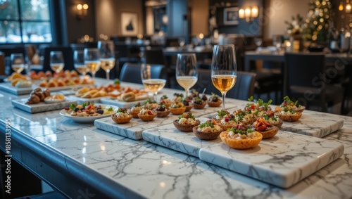 Elegant Display of Gourmet Appetizers and Wine Glasses at a Luxurious Restaurant Setting