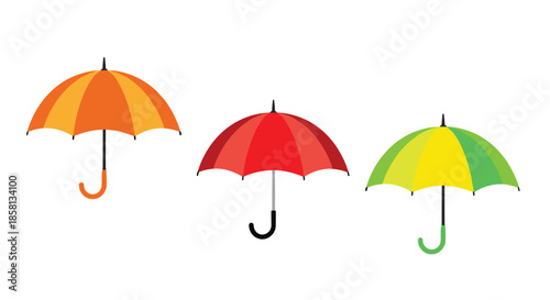 Three brightly colored umbrellas in orange, red, and yellow green shades arranged horizontally for weather concepts.
